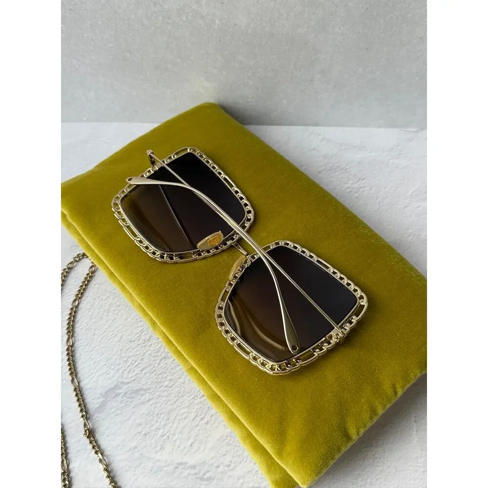 NEW Gucci GG1033S Oversized Gold Grey Lens Chain Sunglasses
